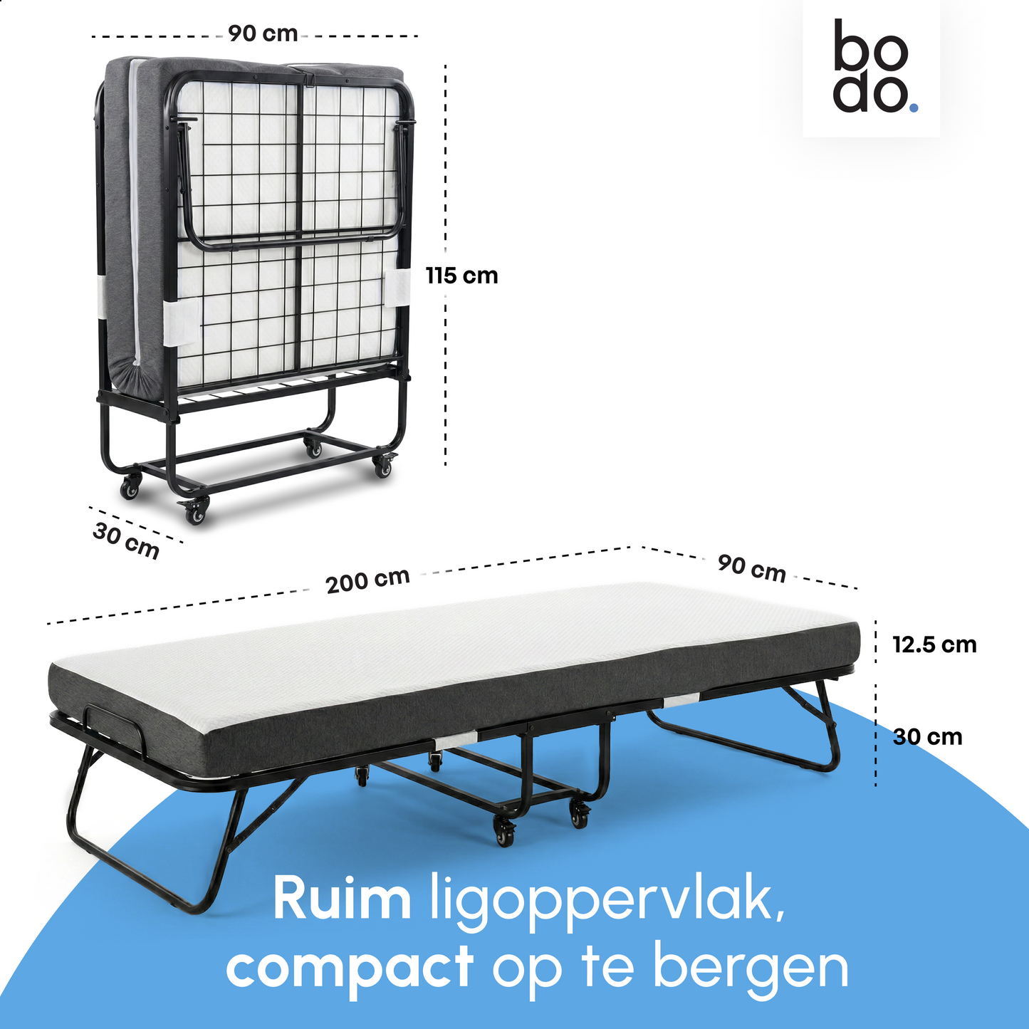 Logeerbed 90×200 met Matras - Vouwbed - Luxe - 250 kg - Zwart - Bodo