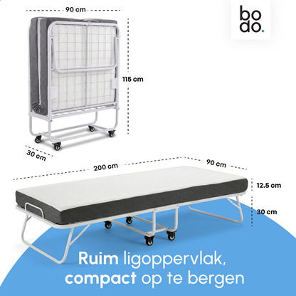 Logeerbed 90×200 met Matras - Vouwbed - Luxe - tot 250 kg - Wit - Bodo