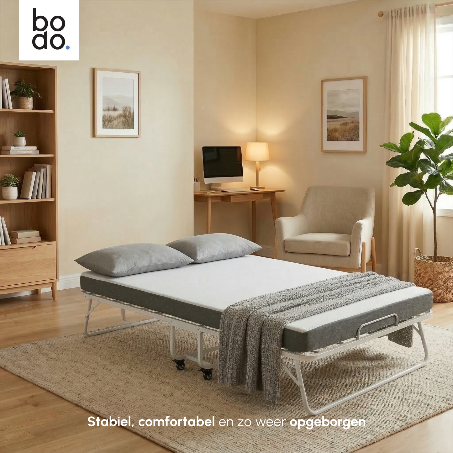 Logeerbed 120×200 met Matras - Vouwbed - Luxe - tot 250 kg - Wit - Bodo