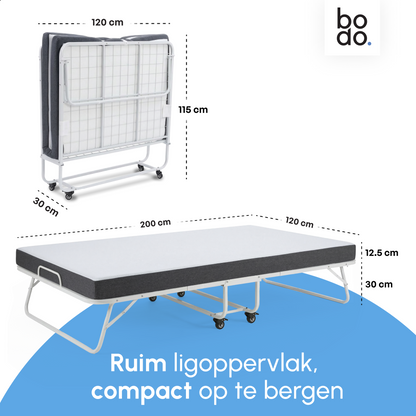 Logeerbed 120×200 met Matras - Vouwbed - Luxe - tot 250 kg - Wit - Bodo