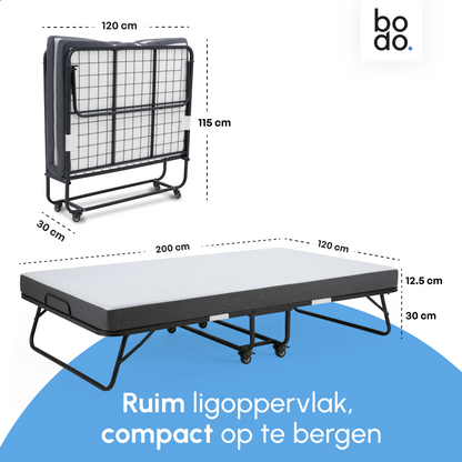 Logeerbed 120×200 met Matras - Vouwbed - Luxe - Tot 250 kg - Zwart - Bodo