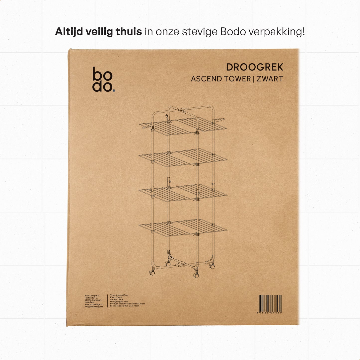 Droogtoren 42m - Droogrek inklapbaar 4 lagen met wielen - Zwart - Bodo