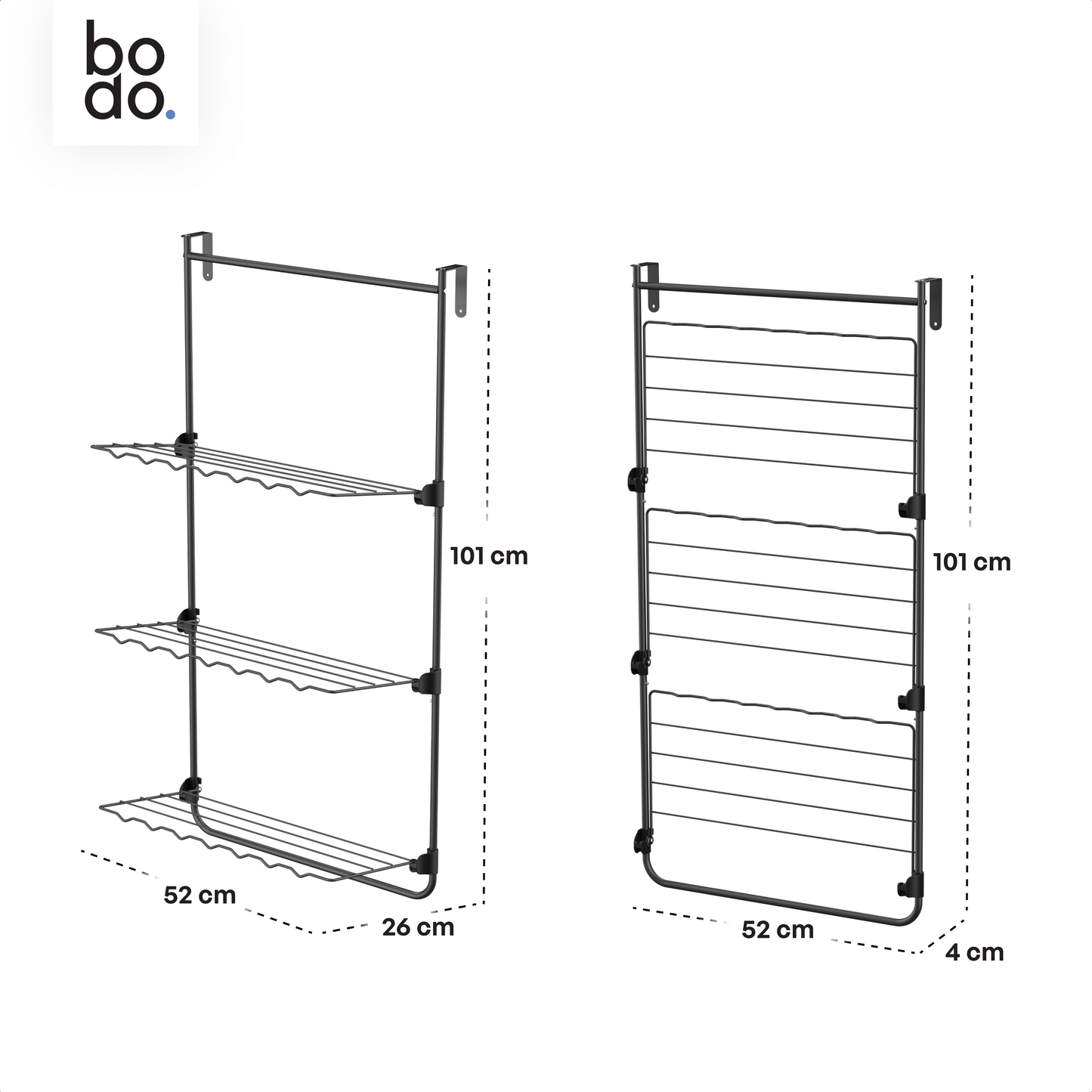 Bodo® Droogrek Hangend - 10m - Ophangbaar aan Deur of Wand - Zwart
