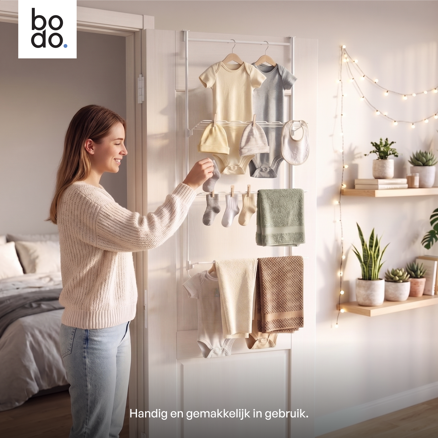 Bodo® Droogrek Hangend - 10m - Ophangbaar aan Deur of Wand - Wit