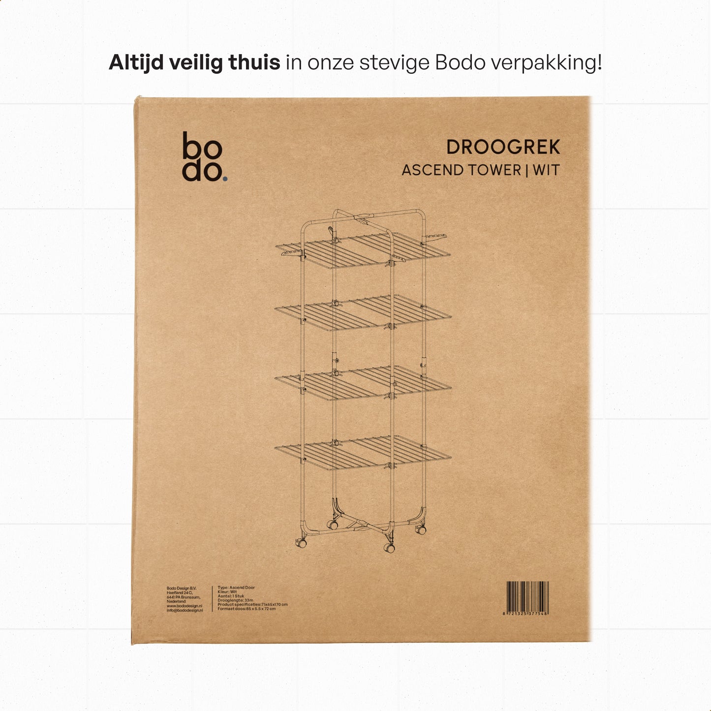 Droogtoren 42m - Droogrek inklapbaar 4 lagen met wielen - Wit - Bodo