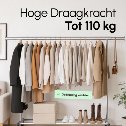 Kledingrek op Wieltjes - Opbergruimte - Extra Brede Kledingstang - Zilver - Bodo