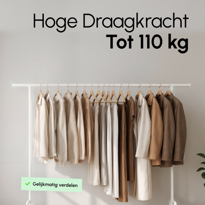 Kledingrek op Wieltjes – Extra Breed – Stalen Kledingstang – Wit – Bodo