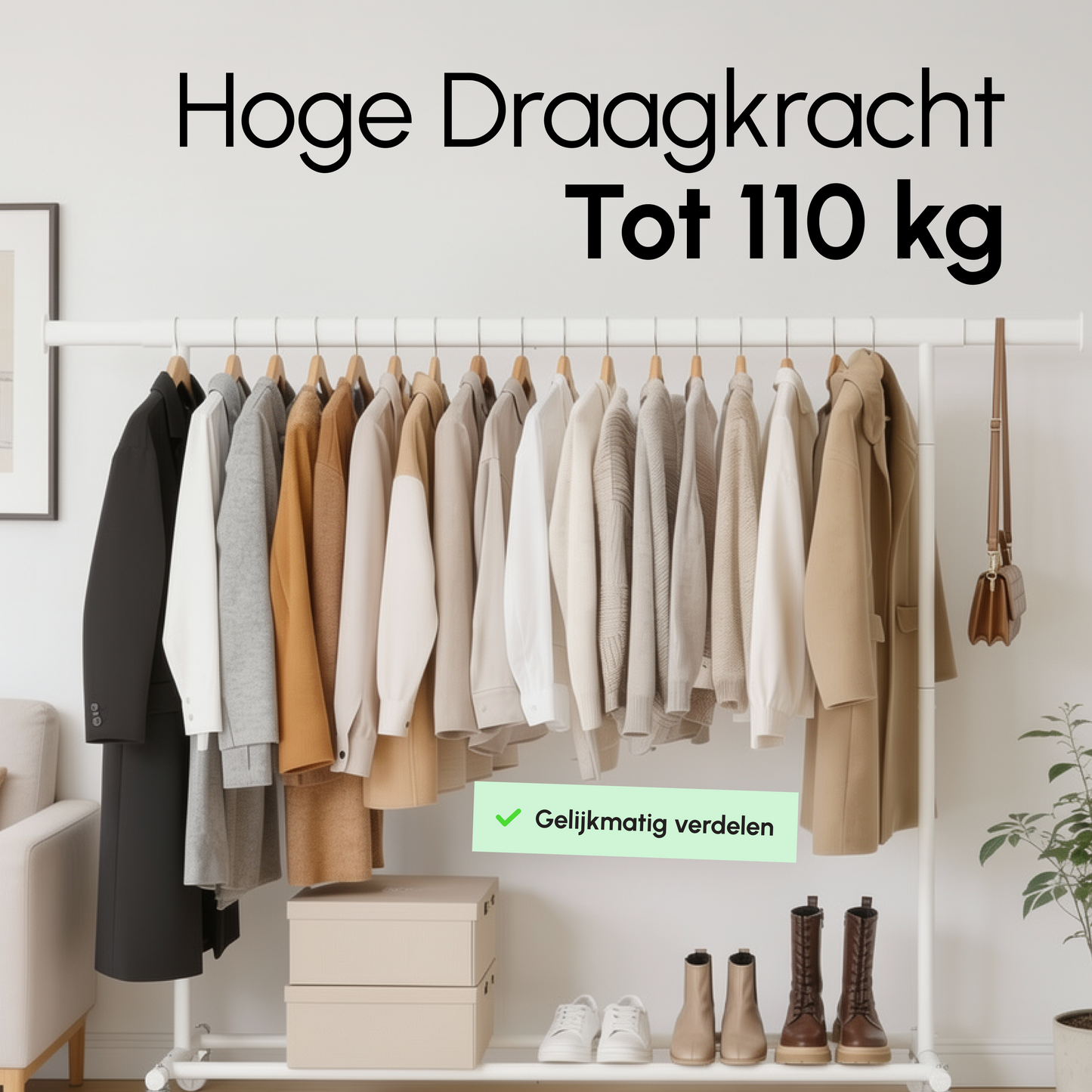 Kledingrek op Wieltjes - Opbergruimte - Extra Brede Kledingstang - Wit - Bodo