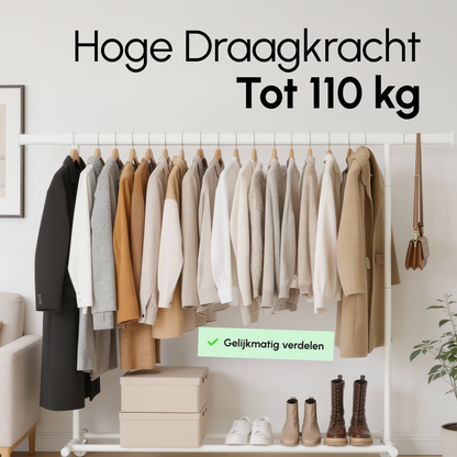 Kledingrek op Wieltjes - Opbergruimte - Extra Brede Kledingstang - Wit - Bodo