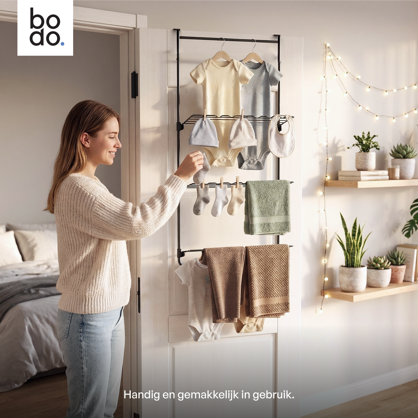 Bodo® Droogrek Hangend - 10m - Ophangbaar aan Deur of Wand - Zwart