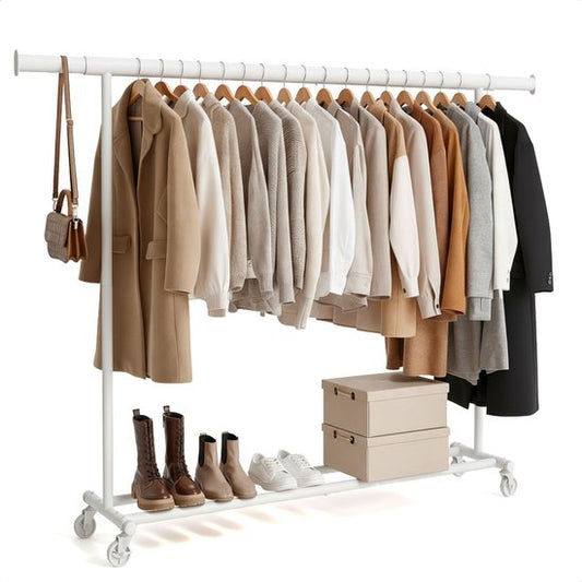 Kledingrek op Wieltjes - Opbergruimte - Extra Brede Kledingstang - Wit - Bodo