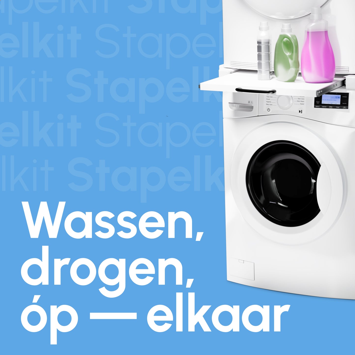 Bodo® - Stapelkit voor Wasmachine en Droger - Tussenstuk met uitschuifbare plank - Inclusief Anti-Trilrubbers - Wit