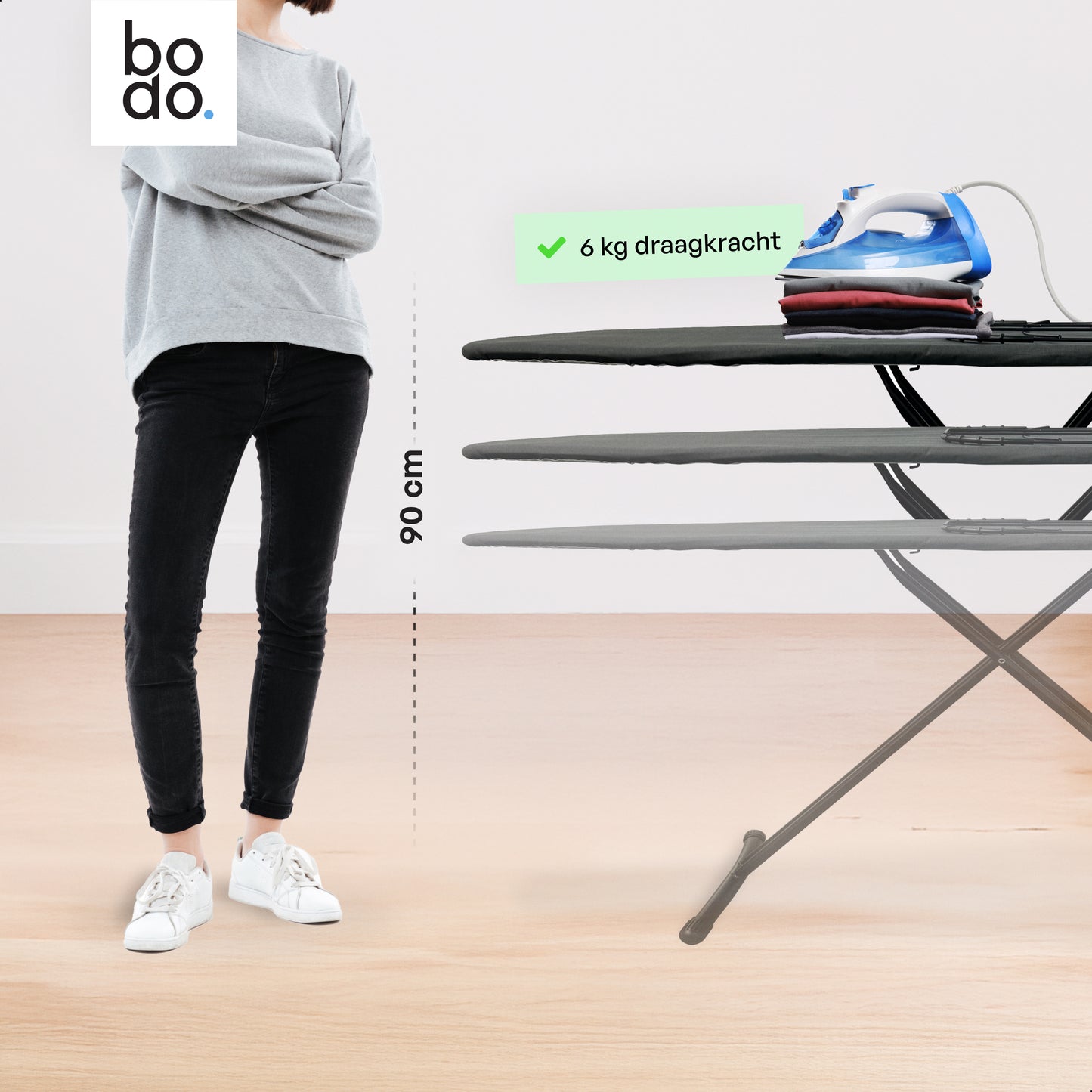 Bodo® - Strijkplank Ascend Prime - Stoomunithouder - 122 x 38 cm - Uitklapbaar Rek - Charcoal Black