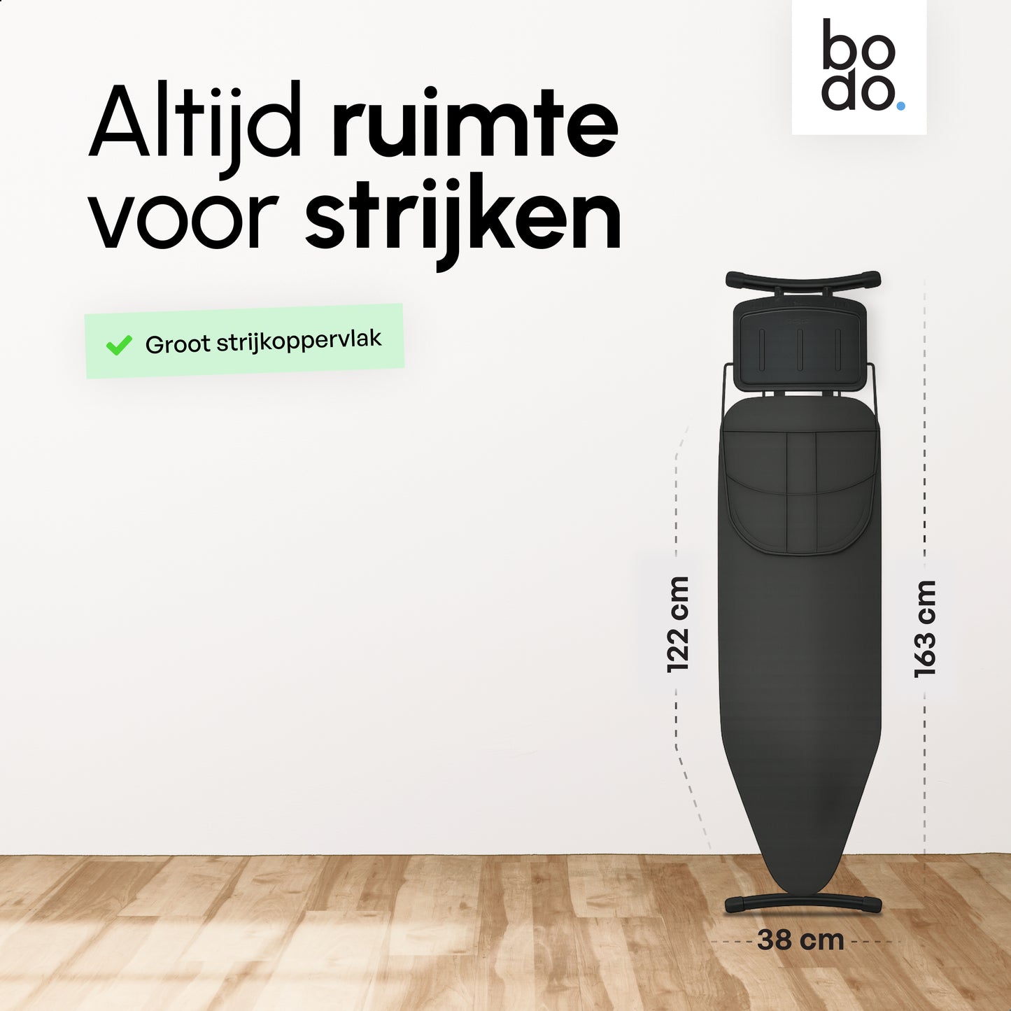 Bodo® - Strijkplank Ascend Prime - Stoomunithouder - 122 x 38 cm - Uitklapbaar Rek - Charcoal Black
