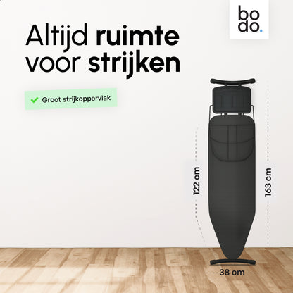 Bodo® - Strijkplank Ascend Prime - Stoomunithouder - 122 x 38 cm - Uitklapbaar Rek - Charcoal Black