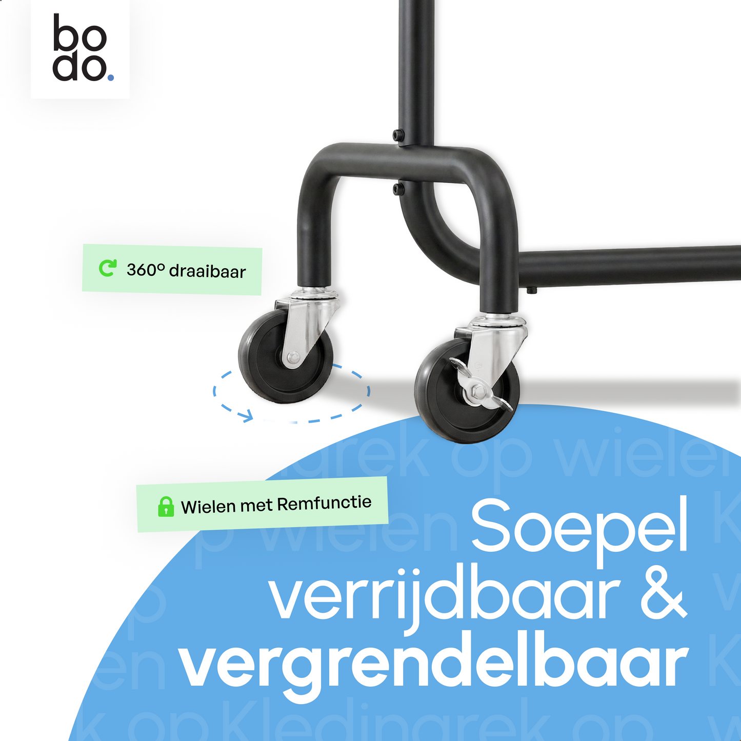 Kledingrek op Wieltjes - Stalen Kledingstang - 130 kg - Zwart - Bodo