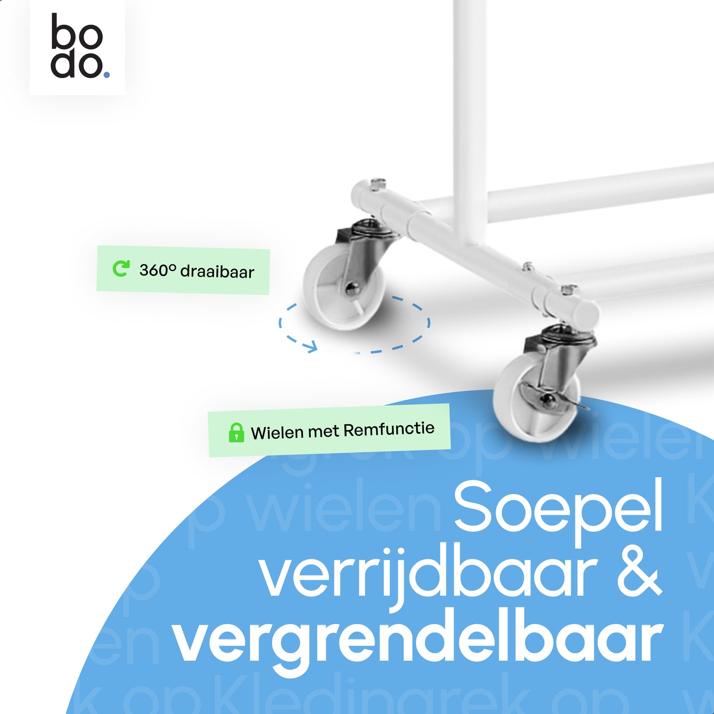 Kledingrek op Wieltjes – Stalen Kledingstang - Opbergruimte – Wit – Bodo