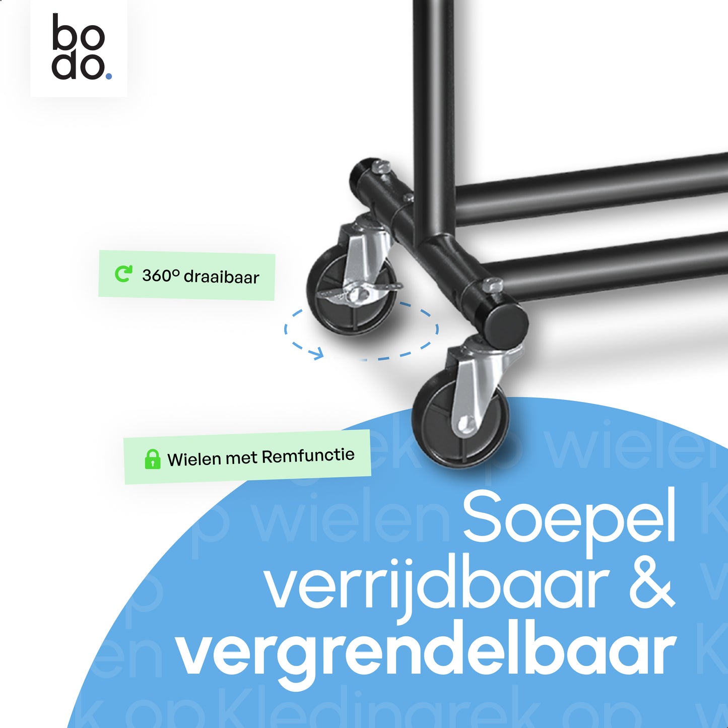 Kledingrek op Wieltjes – Stalen Kledingstang - Opbergruimte – Zwart – Bodo