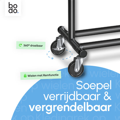 Kledingrek op Wieltjes – Stalen Kledingstang - Opbergruimte – Zwart – Bodo