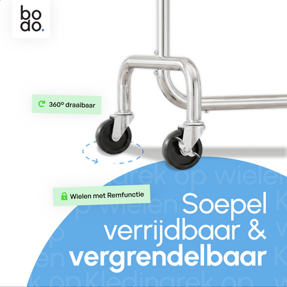 Kledingrek op Wieltjes - Stalen Kledingstang - 130 kg - Zilver - Bodo