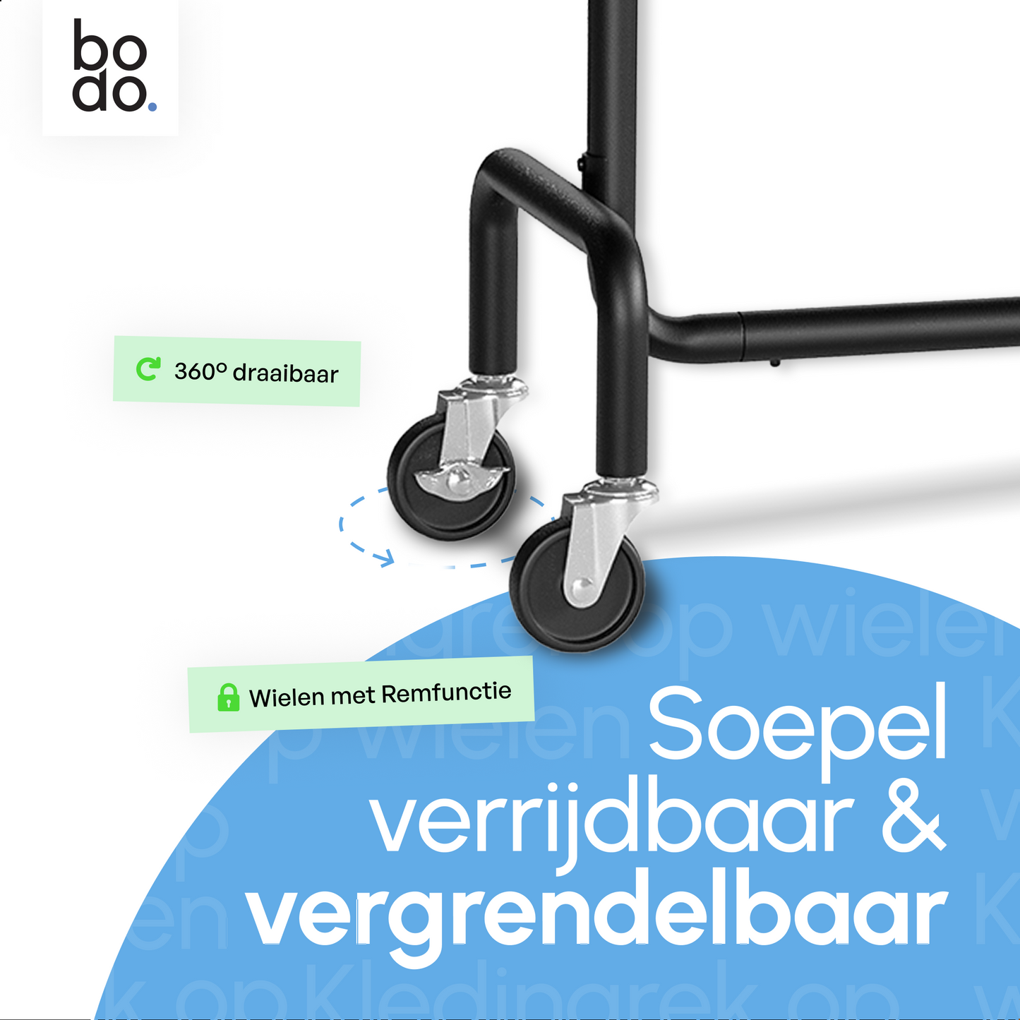 Kledingrek op Wieltjes – Extra Breed – Stalen Kledingstang – Zwart – Bodo