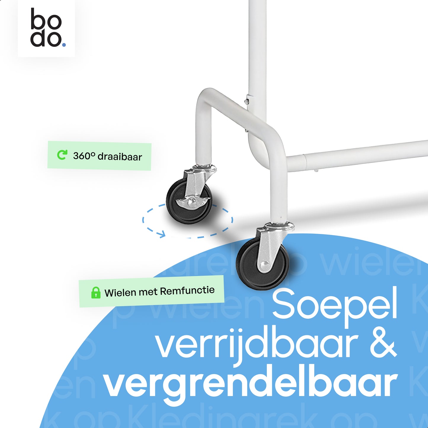 Kledingrek op Wieltjes – Extra Breed – Stalen Kledingstang – Wit – Bodo