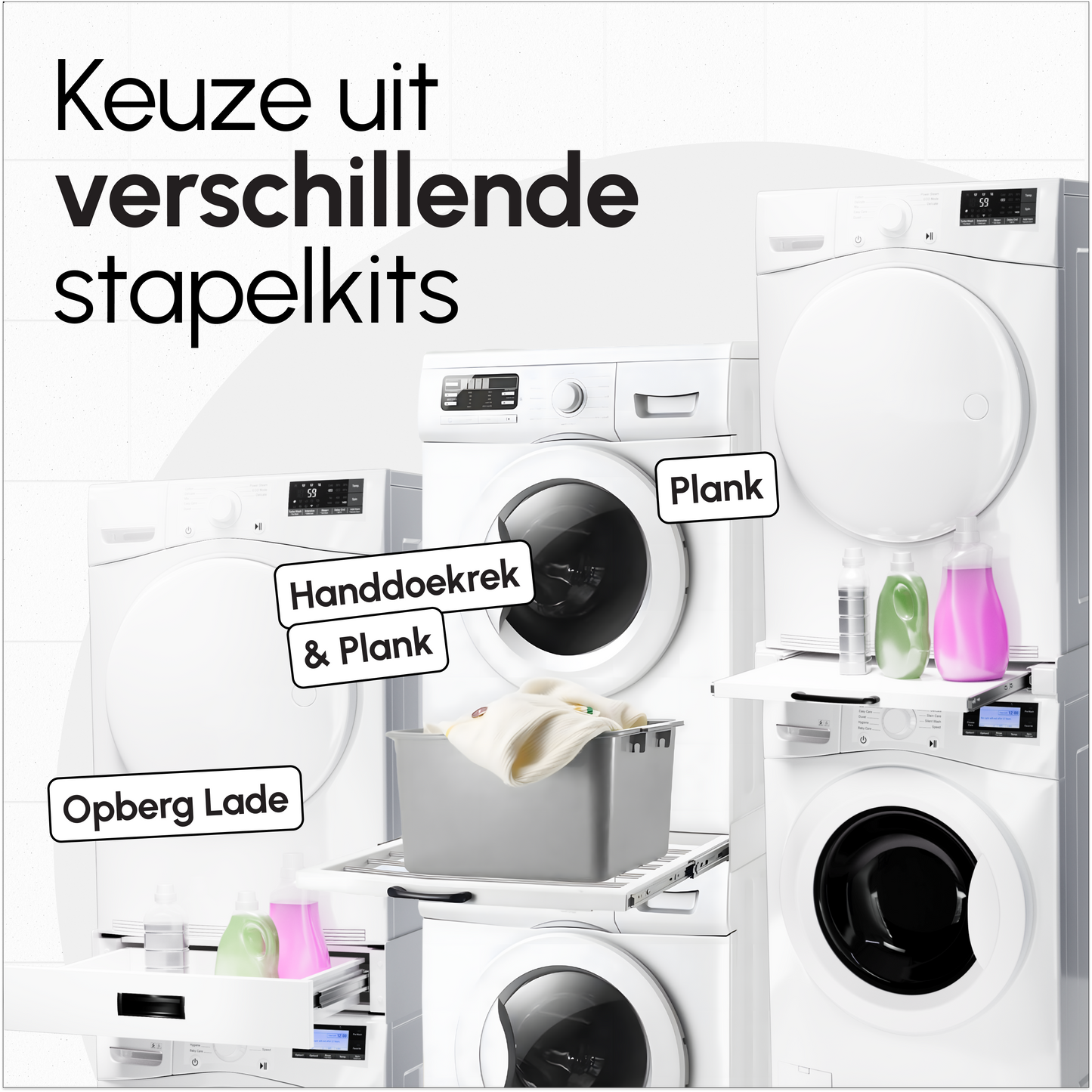 Bodo® - Stapelkit voor Wasmachine en Droger - Tussenstuk met uitschuifbare plank - Inclusief Anti-Trilrubbers - Wit