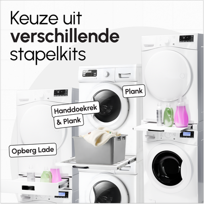 Bodo® - Stapelkit voor Wasmachine en Droger - Tussenstuk met uitschuifbare plank - Inclusief Anti-Trilrubbers - Wit