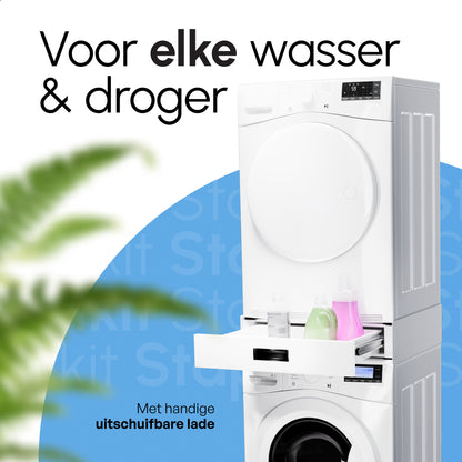 Bodo® - Stapelkit voor Wasmachine en Droger - Tussenstuk met Opberglade - Inclusief Anti-Trilrubbers - Wit
