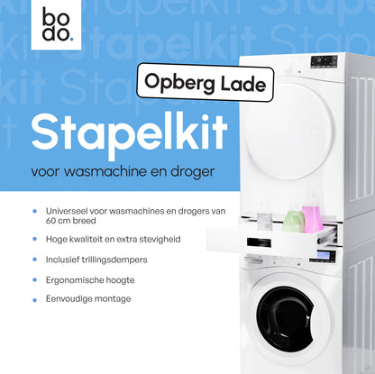Bodo® - Stapelkit voor Wasmachine en Droger - Tussenstuk met Opberglade - Inclusief Anti-Trilrubbers - Wit
