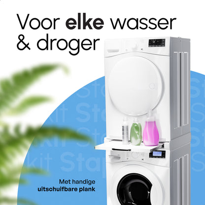 Bodo® - Stapelkit voor Wasmachine en Droger - Tussenstuk met uitschuifbare plank - Inclusief Anti-Trilrubbers - Wit