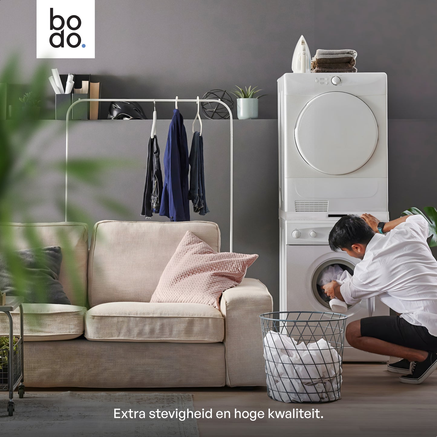 Bodo® - Stapelkit voor Wasmachine en Droger - Tussenstuk met uitschuifbare plank - Inclusief Anti-Trilrubbers - Wit