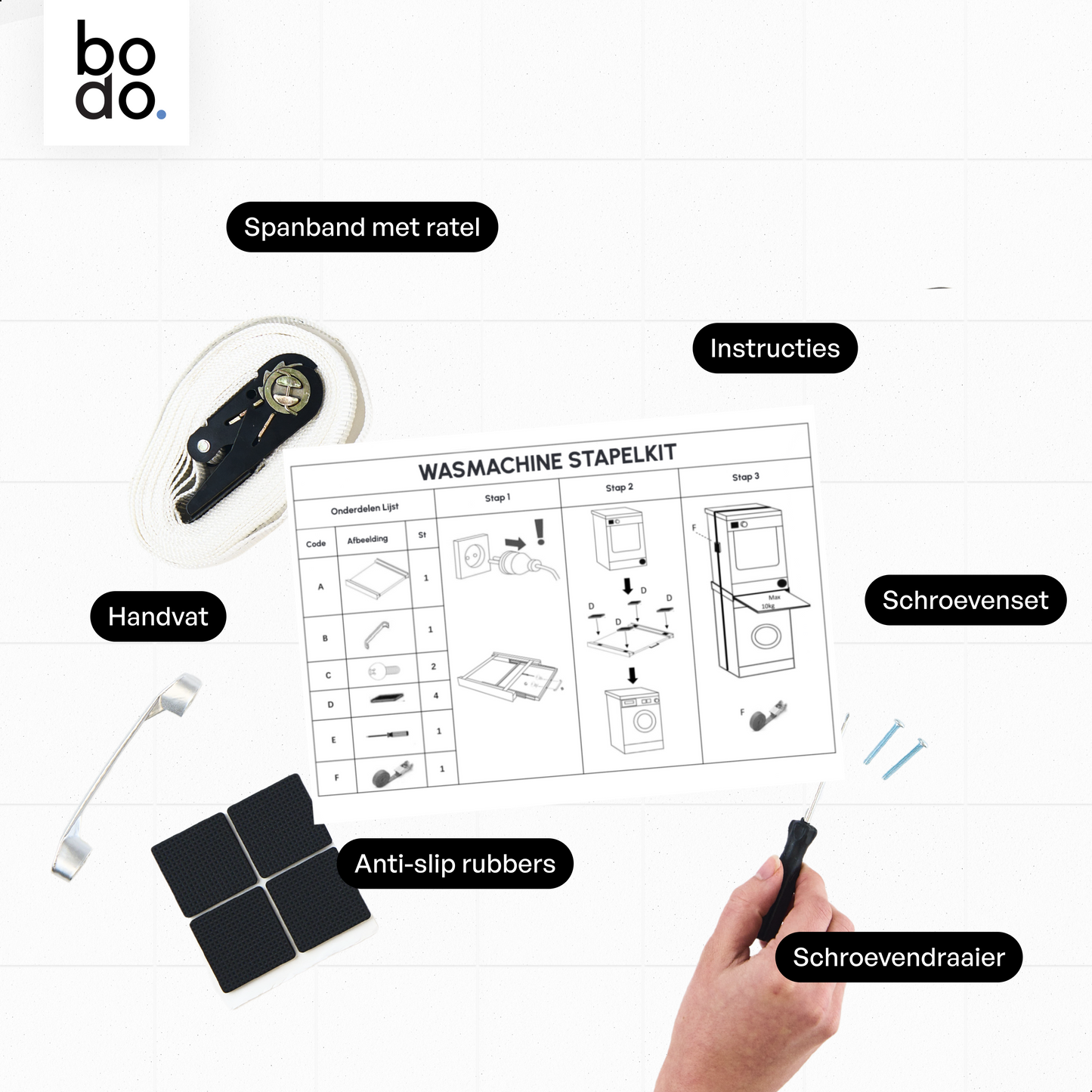 Bodo® - Stapelkit voor Wasmachine en Droger - Tussenstuk met uitschuifbare plank - Inclusief Anti-Trilrubbers - Wit