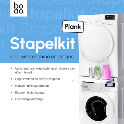 Bodo® - Stapelkit voor Wasmachine en Droger - Tussenstuk met uitschuifbare plank - Inclusief Anti-Trilrubbers - Wit