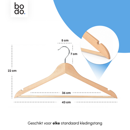 Kledinghangers - 20 stuks - Hout naturel - Bodo