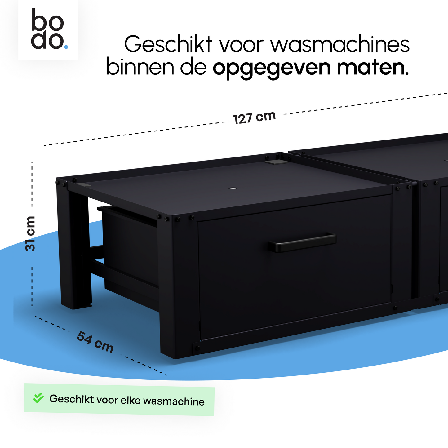 Bodo® - Wasmachine Verhoger - Dubbele Wasmachine Verhoger Met Opberglade - Wasmachine opbouwmeubel - Wasmachine Sokkel - Universeel - Zwart