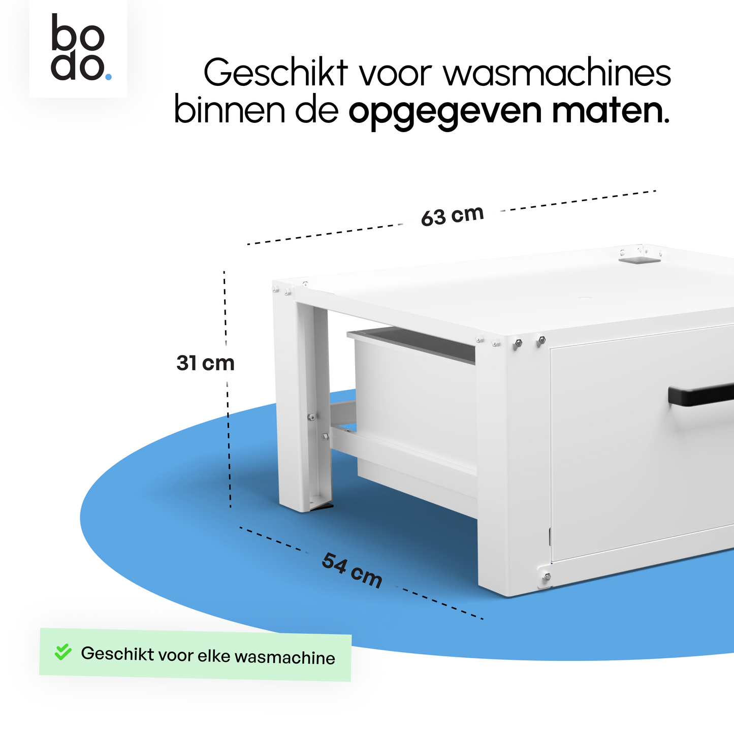 Bodo® - Wasmachine Verhoger - Wasmachine Verhoger Met Opberglade - Wasmachine opbouwmeubel - Wasmachine Sokkel - Universeel - Wit