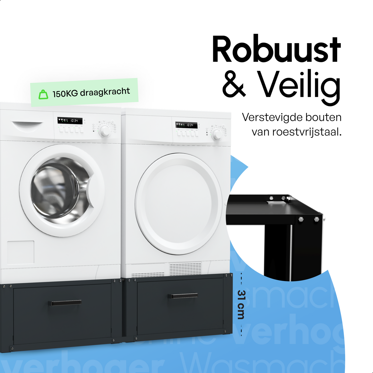 Bodo® - Wasmachine Verhoger - Dubbele Wasmachine Verhoger Met Opberglade - Wasmachine opbouwmeubel - Wasmachine Sokkel - Universeel - Zwart