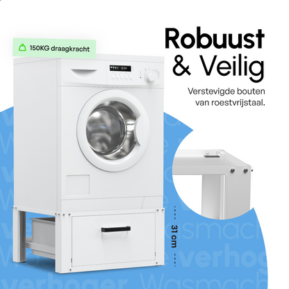 Bodo® - Wasmachine Verhoger - Wasmachine Verhoger Met Opberglade - Wasmachine opbouwmeubel - Wasmachine Sokkel - Universeel - Wit