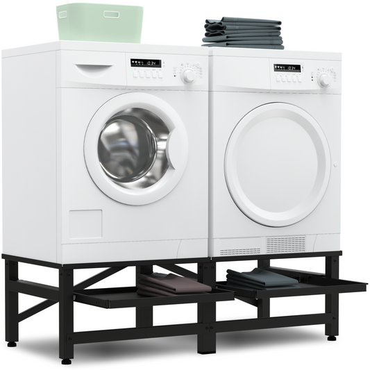 Bodo® - Wasmachine Verhoger - Dubbele Wasmachine Verhoger Met Uitschuifbare plank - Wasmachine opbouwmeubel - Wasmachine Sokkel - Universeel - Zwart