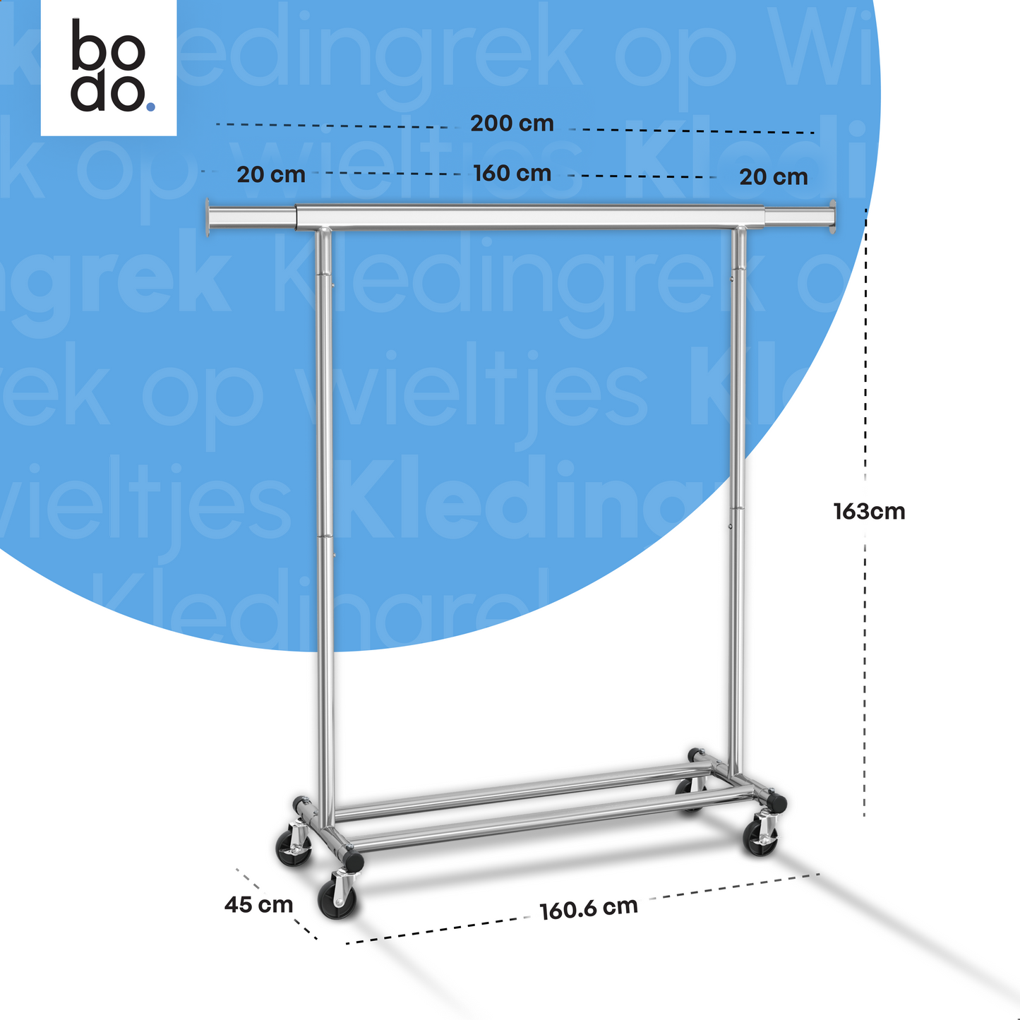 Kledingrek op Wieltjes – Stalen Kledingstang - Opbergruimte – Zilver – Bodo