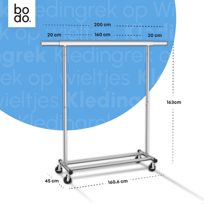 Kledingrek op Wieltjes – Stalen Kledingstang - Opbergruimte – Zilver – Bodo