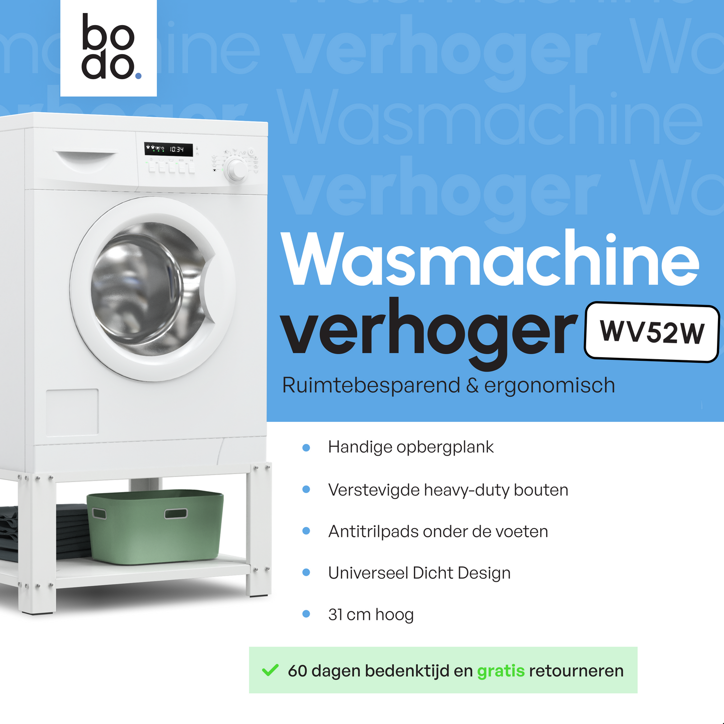 Bodo® - Wasmachine Verhoger - Wasmachine opbouwmeubel - Wasmachine verhoger met Legplank - Wasmachine Sokkel - Universeel - Wit