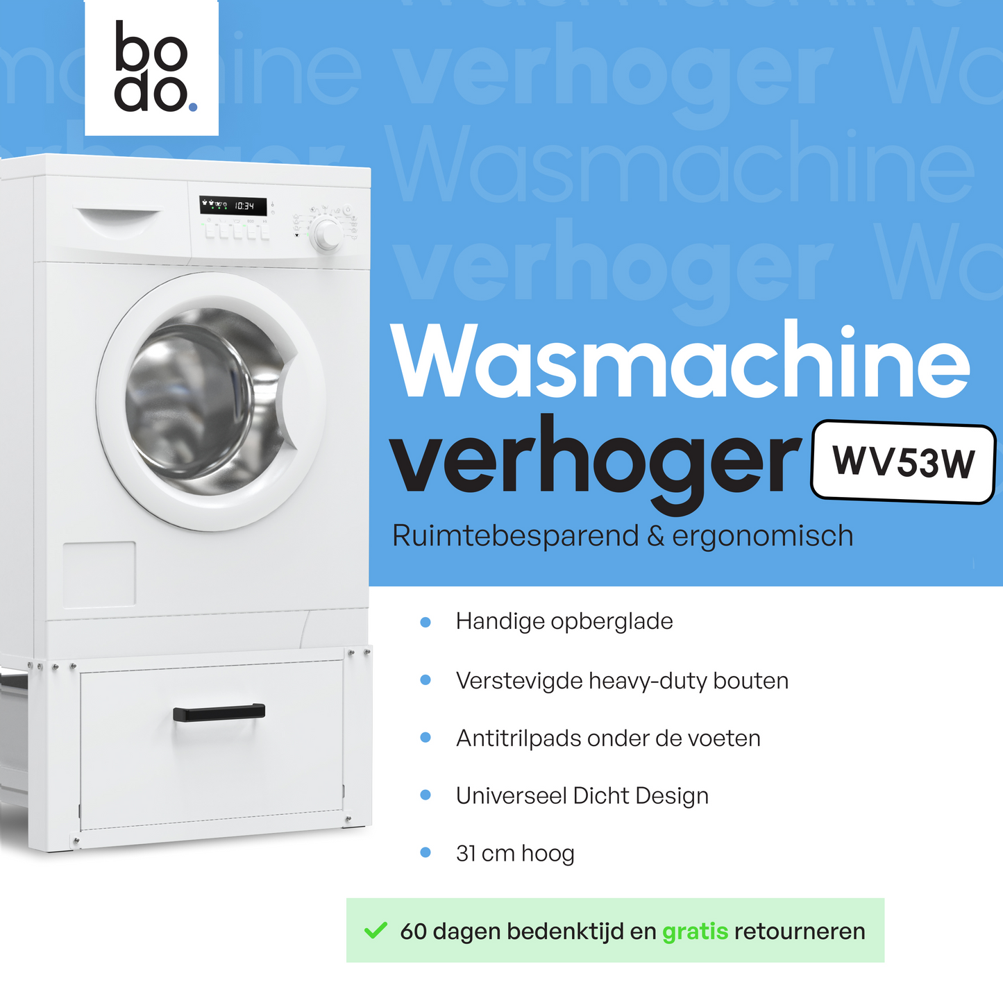 Bodo® - Wasmachine Verhoger - Wasmachine Verhoger Met Opberglade - Wasmachine opbouwmeubel - Wasmachine Sokkel - Universeel - Wit