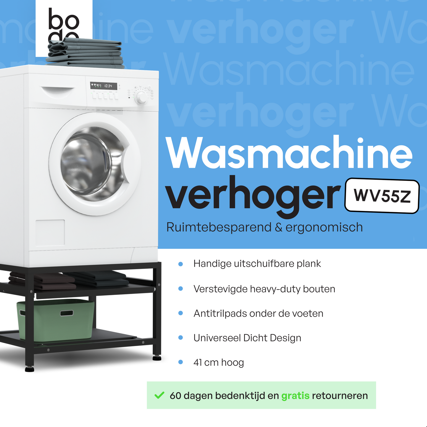 Bodo® - Wasmachine Verhoger - Wasmachine Verhoger Met Uitschuifbare plank - Wasmachine opbouwmeubel - Wasmachine Sokkel - Universeel - Zwart