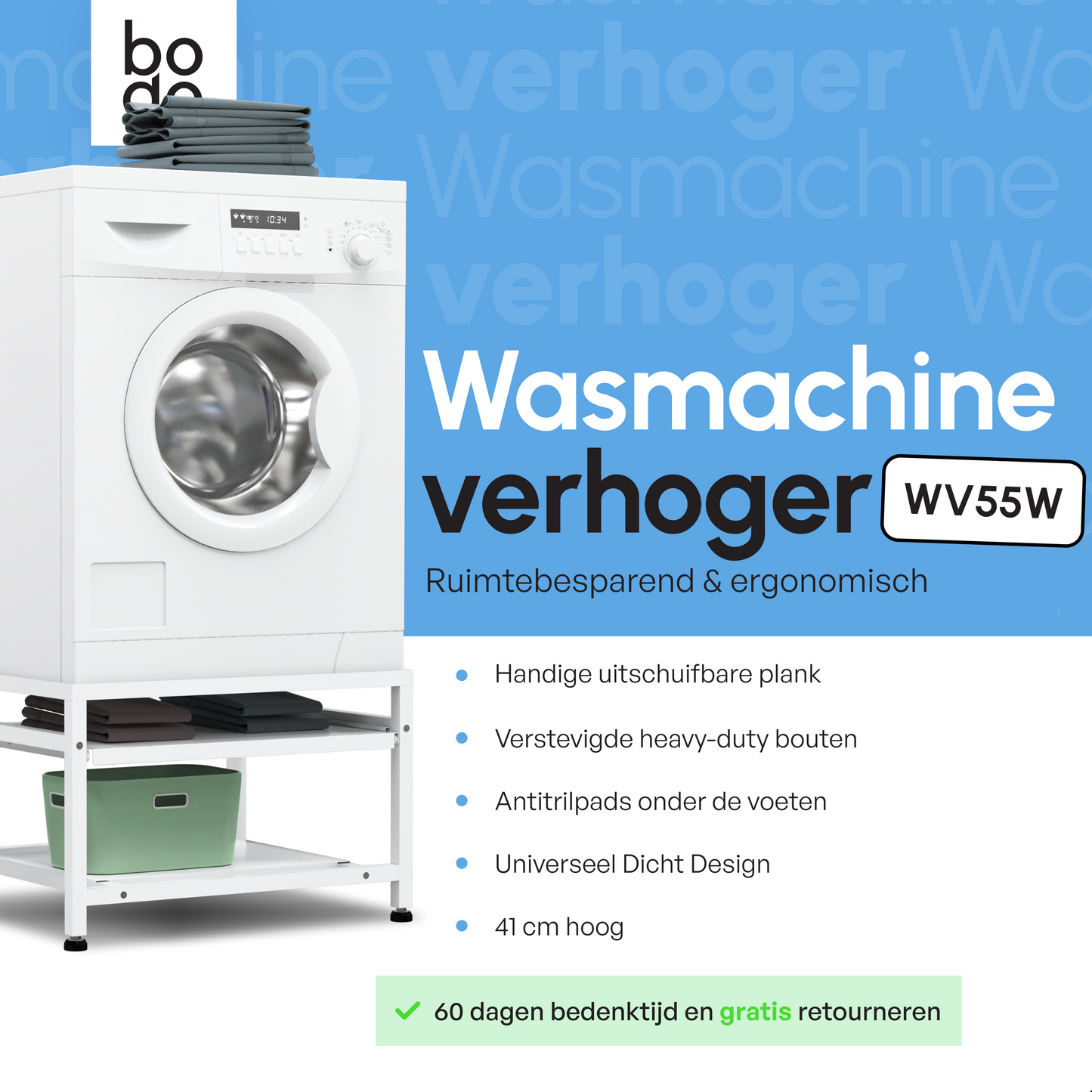 Bodo® - Wasmachine Verhoger - Wasmachine Verhoger Met Uitschuifbare plank - Wasmachine opbouwmeubel - Wasmachine Sokkel - Universeel - Wit