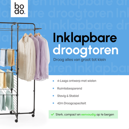 Droogtoren 42m - Droogrek inklapbaar 4 lagen met wielen - Zwart - Bodo