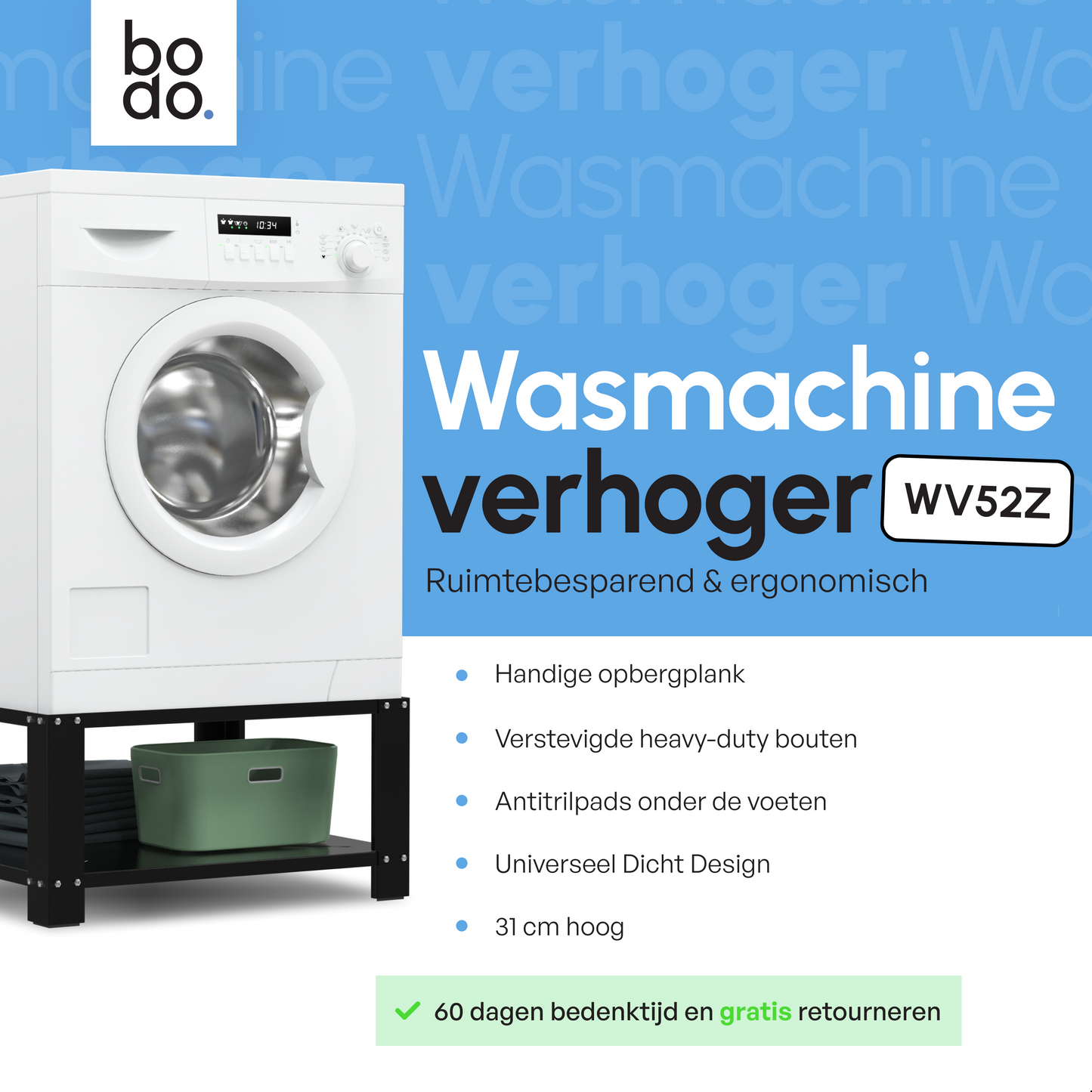Bodo® - Wasmachine Verhoger - Wasmachine opbouwmeubel - Wasmachine verhoger met Legplank - Wasmachine Sokkel - Universeel - Zwart
