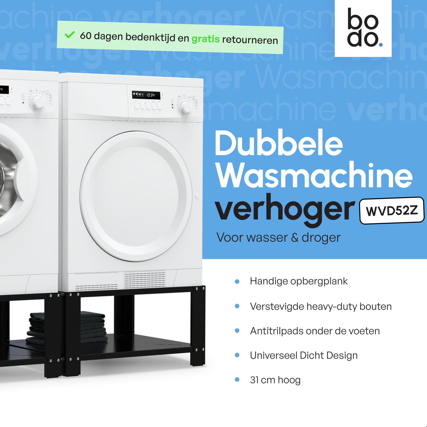 Bodo® - Wasmachine Verhoger - Dubbele Wasmachine Verhoger Met Legplank - Wasmachine opbouwmeubel - Wasmachine Sokkel - Universeel - Zwart