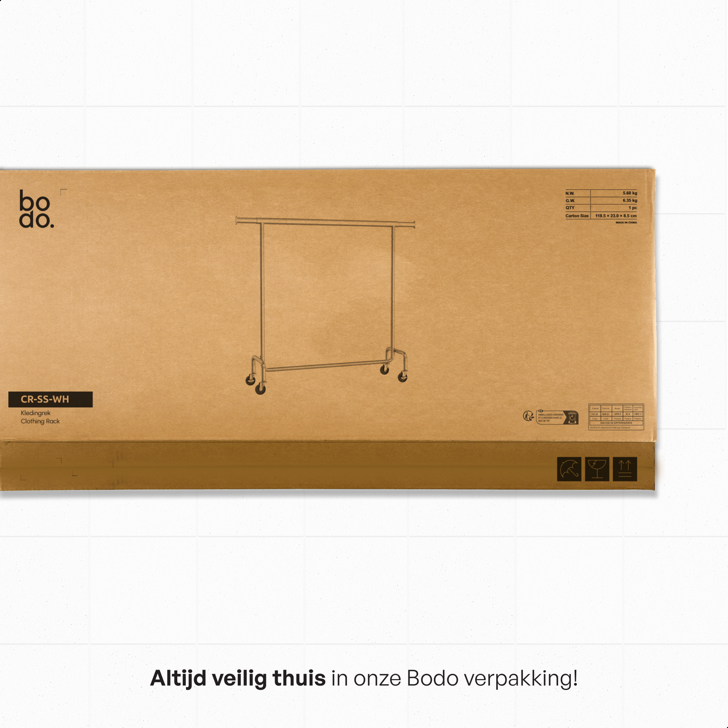 Kledingrek op Wieltjes - Stalen Kledingstang - 130 kg - Wit - Bodo